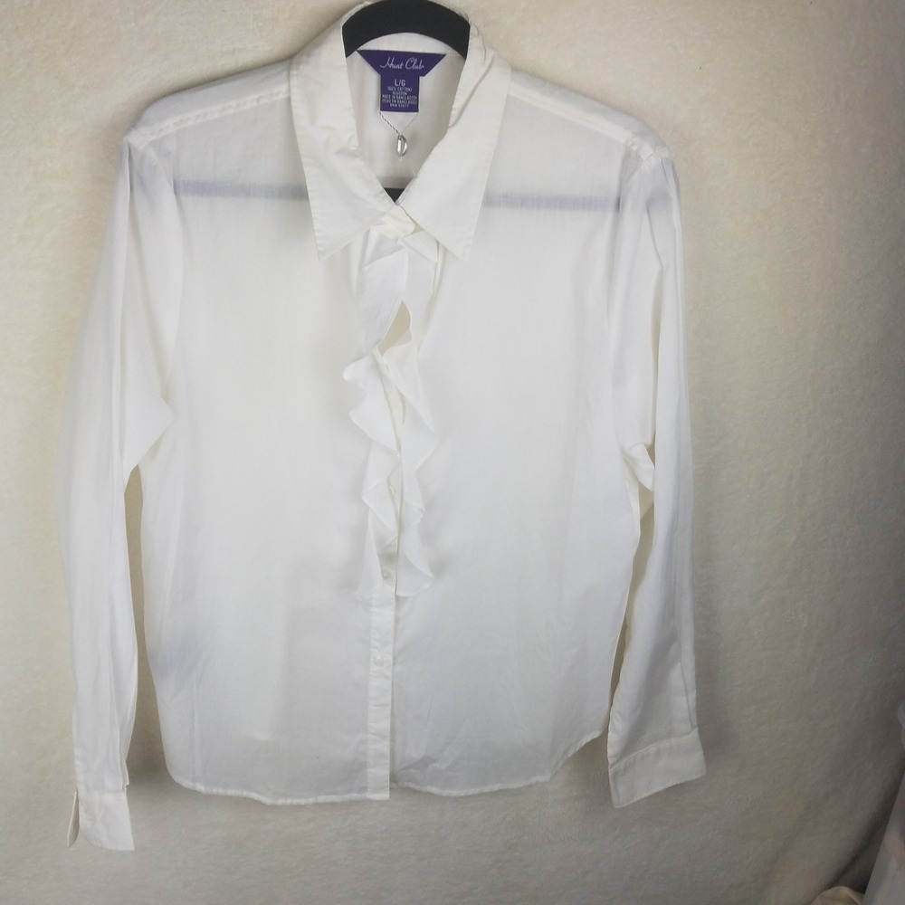Hunt Club Ruffle Front Button Down Shirt Womens L White Cotton Long Sleeve